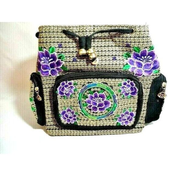 Embroidered Floral Backpack Small Zip Pockets Purple Flower Drawstring Gift NEW - Picture 4 of 4